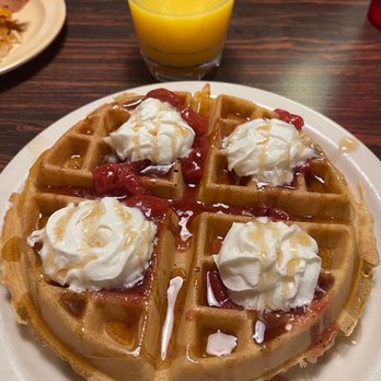 Crossroads Cafe - Belgian waffle with strawberries & whip cream. - Coffee & Tea Near Me - Parker, Arizona Crossroads Cafe - Belgian waffle with strawberries & whip cream. - Coffee & Tea Near Me - Parker, Arizona