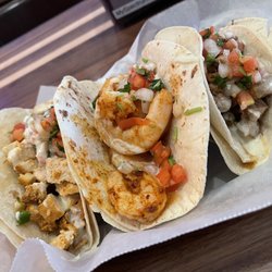 (Left to right) Grilled Chicken Taco, Grilled Shrimp Taco, El Pastor taco