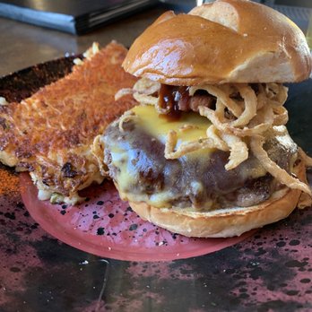 Brick & Bourbon - Bourbon burger + cheesy hashbrown upgrade...worth it! - New American Near Me - Maple Grove, Minnesota