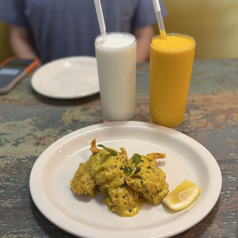 Coconut Shrimp, Lassi, Mango Lassi