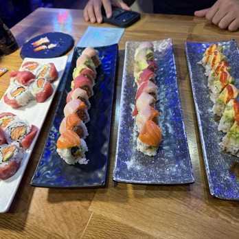 Sushi Damu - In order from left to right: Cherry Bomb, Spicy Rainbow (2x) and 911 roll! - Sushi Bars Near Me - Tustin, California Sushi Damu - In order from left to right: Cherry Bomb, Spicy Rainbow (2x) and 911 roll! - Sushi Bars Near Me - Tustin, California