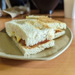 Toasted sandwich with fried egg and spam Toasted sandwich with fried egg and spam