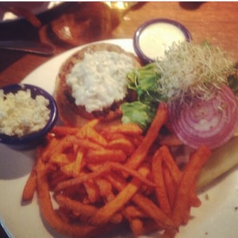 Old Man Rafferty's - Veggie burger, blue cheese, cucumber sauce and a side of slaw. - Bars Near Me - New Brunswick, New Jersey Old Man Rafferty's - Veggie burger, blue cheese, cucumber sauce and a side of slaw. - Bars Near Me - New Brunswick, New Jersey