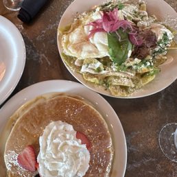 Chilaquiles Verdes with Birria & Abrazo de Leche Pancakes Chilaquiles Verdes with Birria & Abrazo de Leche Pancakes