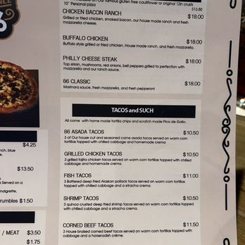 Bar86 - Menu - A menu listing pizza options and various tacos, with prices and descriptions, likely from a restaurant or bar setting. - Bars Near Me - Richfield, Utah