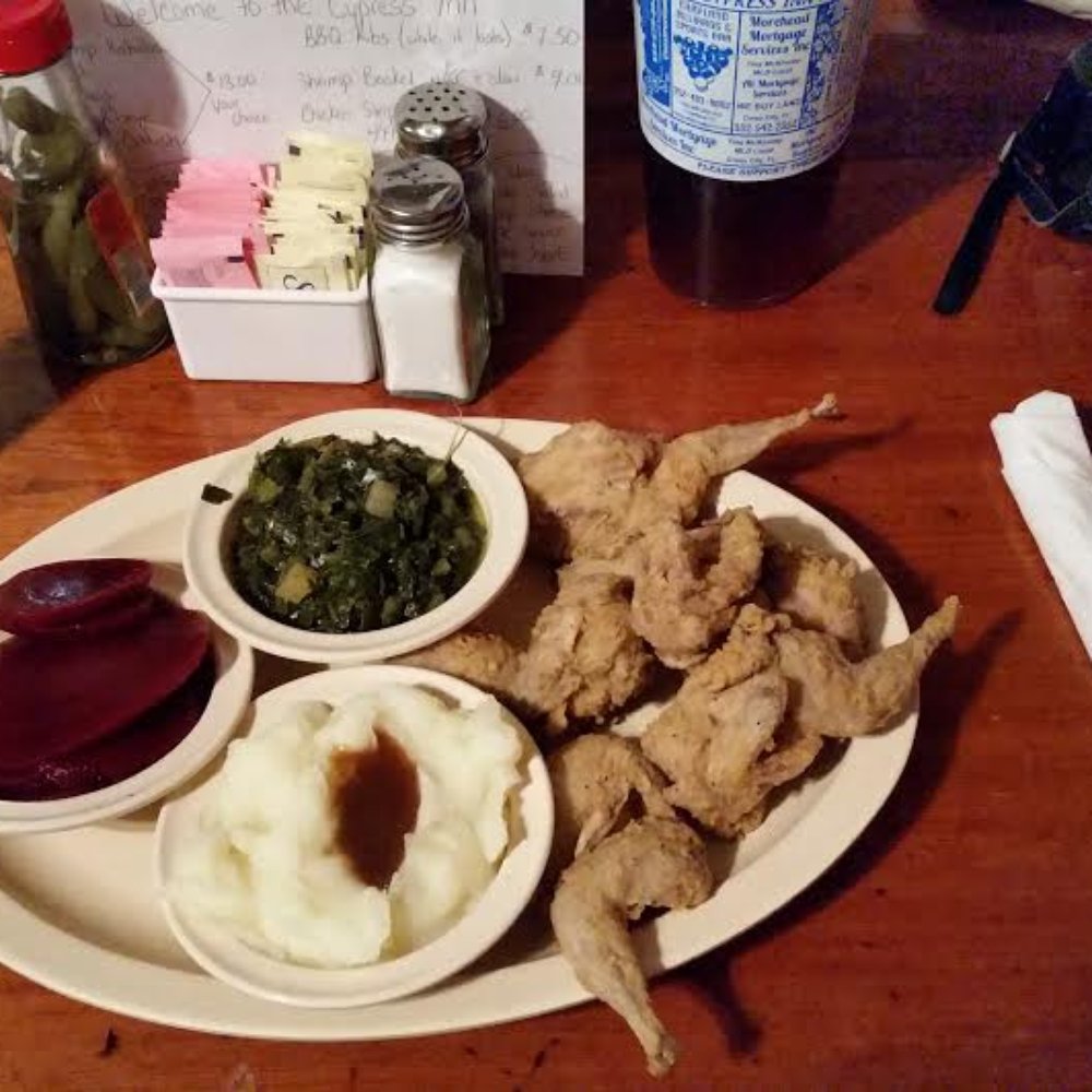 Cypress Inn Restaurant - Fried quail dinner, mashed taters, greens, and pickled beets. - Southern Near Me - Cross City, Florida