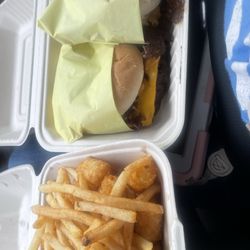 Burgers Are 4 Ever - Easy Does it burgers with bacon and the 50/50 tot fry mix
