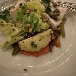 Poached albacore with leeks, potato, and greens