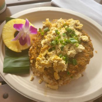 Barefoot Beach Cafe - Vegan Loco Moco w fried Rice - Breakfast & Brunch Near Me - Honolulu, Hawaii Barefoot Beach Cafe - Vegan Loco Moco w fried Rice - Breakfast & Brunch Near Me - Honolulu, Hawaii
