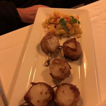 Cafe Escadrille - Scallops wrapped in bacon were very flavorful and mango salsa was a perfect side. - New American Near Me - Burlington, Massachusetts Cafe Escadrille - Scallops wrapped in bacon were very flavorful and mango salsa was a perfect side. - New American Near Me - Burlington, Massachusetts
