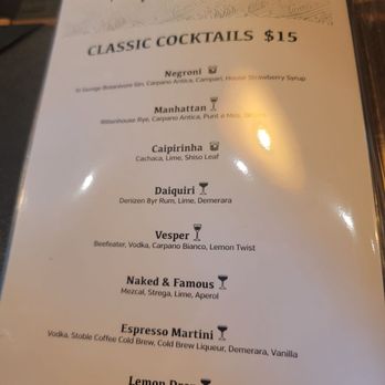 Rawbar - SEPT. 2025 - The menu features a selection of classic cocktails priced at $15, including Negroni, Manhattan, Caipirinha, Daiquiri, Vesper, Naked & Famous, Espresso Martini, and Lemon Drop. - Sushi Bars Near Me - Chico, California