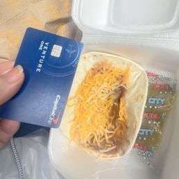 Bean and cheese taco. The size of a credit card. $2.50 Bean and cheese taco. The size of a credit card. $2.50