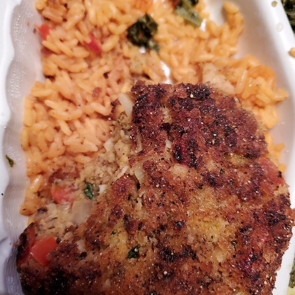 Desmond's Island Soul Grill - CrabCake... yellow rice with Callaoo. Another outstanding meal. TO Go - Caribbean Near Me - Virginia Beach, Virginia