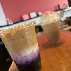 Pink Mocha Cafe - Taro with tapioca and a pink mocha behind