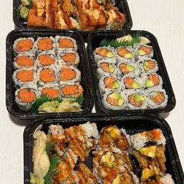 Top: Red Roof Roll Middle Left: Spicy Tuna Roll Middle Right: Salmon Avocado Roll Bottom: Spicy Crunchy Shrimp Roll Top: Red Roof Roll Middle Left: Spicy Tuna Roll Middle Right: Salmon Avocado Roll Bottom: Spicy Crunchy Shrimp Roll