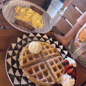 Bay 34th Street Diner - Waffles house. Scramble eggs and turkey sausage - New American Near Me - Arlington, Texas