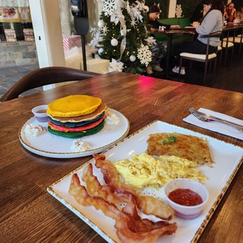 Madres Brunch - Rainbow  pancakes  with a simple breakfast order - Breakfast & Brunch Near Me - Whittier, California
