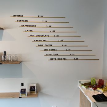 Mountaineer Roasting - A diagonal menu laid out on the wall in a cool hipstery style! - Coffee Roasteries Near Me - Morgantown, West Virginia