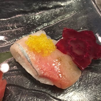 Wasabi - Kanpachi sashimi (young yellowtail with citrus sauce, flying fish eggs, green tea sea salt, truffle oil) amazing - Sushi Bars Near Me - Mount Pleasant, South Carolina