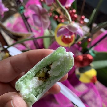 Salcedo Sweets - inside of pistachio macaron - Desserts Near Me Salcedo Sweets - inside of pistachio macaron - Desserts Near Me