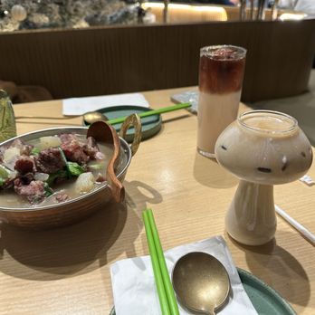 Jun Bistro - The cup is cute!  Cured spare ribs stew pot Coconut Coffee Latte Yunnan Rose Puerh Latte - Chinese Near Me - Milpitas, California