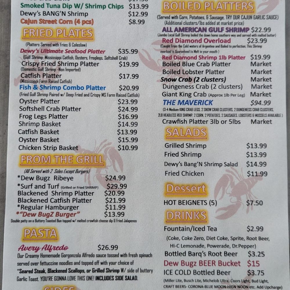 Dewy Dew Bugz - Menu - Seafood Near Me - D'Iberville, Mississippi