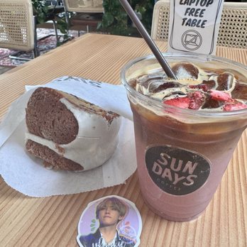 Sundays Coffee - Coffee Cake, Strawberry Iced Milk Latte, and a free sticker :-) - Coffee & Tea Near Me - Seattle, Washington