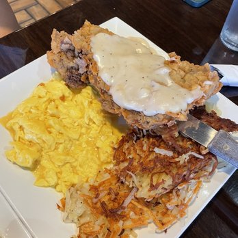 Eddie's Diner - Chicken fried steak with soft scrambled eggs and extra crispy hash browns - Breakfast & Brunch Near Me - Plano, Texas Eddie's Diner - Chicken fried steak with soft scrambled eggs and extra crispy hash browns - Breakfast & Brunch Near Me - Plano, Texas