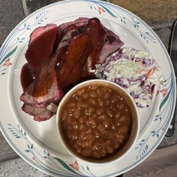 Tri-Tip, cole slaw, baked beans.  (Plate from home).