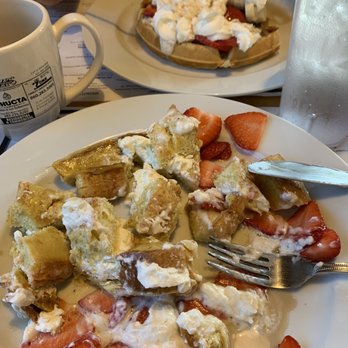 Rozzi's - Strawberry cream cheese stuffed French toast. Waffle in the background. - American Near Me - Thomaston, Connecticut Rozzi's - Strawberry cream cheese stuffed French toast. Waffle in the background. - American Near Me - Thomaston, Connecticut