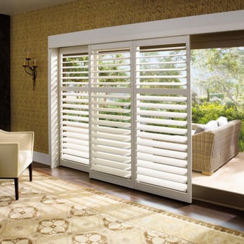 Ferris' Custom Designs By Kathy - Plantation Shutters 4 1/2" louvers...bypass system...on sliding door. - Shades & Blinds Near Me Ferris' Custom Designs By Kathy - Plantation Shutters 4 1/2" louvers...bypass system...on sliding door. - Shades & Blinds Near Me