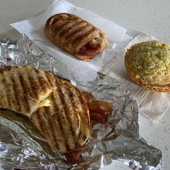 Corner Bakery Cafe - Bacon & Cheddar Panini, Strawberry & Cream Cheese Croissant, Lemon Poppyseed Muffin - Bakeries Near Me - Denver, Colorado