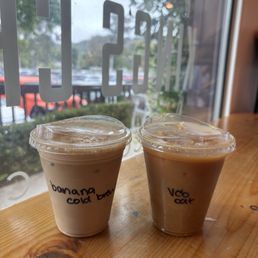 Banana cold brew and vanilla cold brew with oat milk Banana cold brew and vanilla cold brew with oat milk