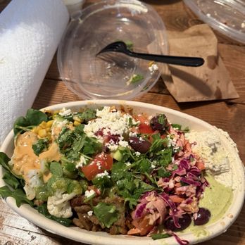 Feta Cowboy - Hot honey chicken & gyro meat Basmati rice & super greens base - Mediterranean Near Me - Tempe, Arizona