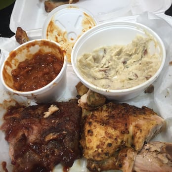 Charleston's - What's left of the ribs and chicken w/ baked beans and mashed potatoes in the side (to go) - American Near Me - Indianapolis, Indiana