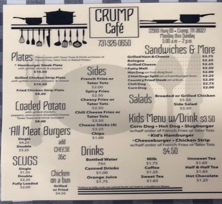 CRUMP CAFE Updated September 2024 22900 TN69, Crump, Tennessee