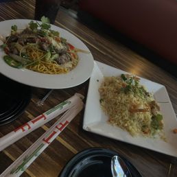 Garlic noodles with beef and fried rice with chicken shrimp and chicken Garlic noodles with beef and fried rice with chicken shrimp and chicken
