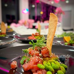 Personal Chef - Marina Staver - A masterfully plated tuna tartare with edamame and micro-greens, expertly crafted by our Miami-based luxury personal chef Marina Stvaer