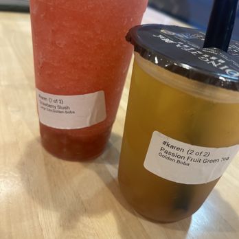 Ding Tea - Passion fruit green tea with boba and Strawberry Slush - Bubble Tea Near Me - Long Beach, California