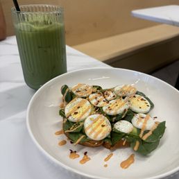 Iced matcha latte and HBE toast