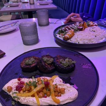 Ivy By The Lake - Grilled Eggplant forefront and chicken kabob - Middle Eastern Near Me - Sterling, Virginia