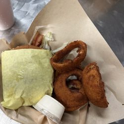 Andy's No. 5 Burgers - bacon cheese burger with onion rings and ranch