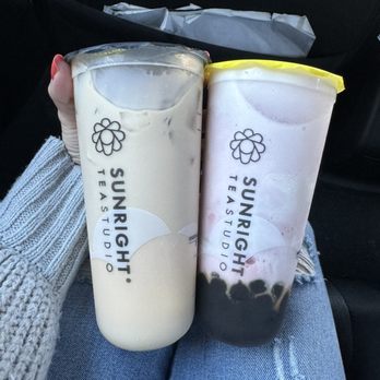 Sunright Tea Studio - U District - STRAWBERRY frosties with bubble tea, HOKKAIDO MILK TEA with white egg pudding - Bubble Tea Near Me - Seattle, Washington