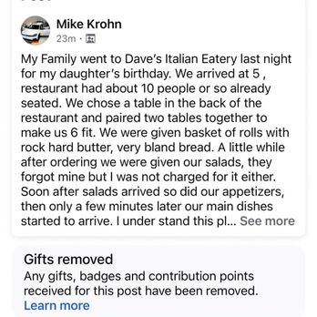 Dave's Italian Eatery - Feedback declined on social media Go Gilbert page - Italian Near Me - Gilbert, Arizona Dave's Italian Eatery - Feedback declined on social media Go Gilbert page - Italian Near Me - Gilbert, Arizona