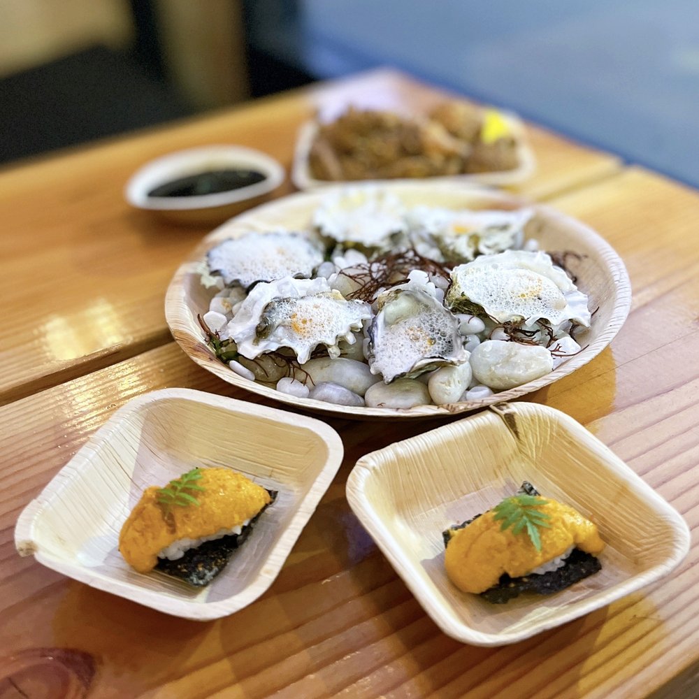 Bar Iris - Uni w/ sushi rice, crispy nori, uni bottarga ($8 each), Raw oysters w/ sake foam, gooseberry (1/2 dozen-$24), Karaage w/ black curry ($16) - Japanese Near Me - San Francisco, California Bar Iris - Uni w/ sushi rice, crispy nori, uni bottarga ($8 each), Raw oysters w/ sake foam, gooseberry (1/2 dozen-$24), Karaage w/ black curry ($16) - Japanese Near Me - San Francisco, California