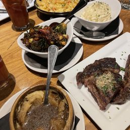 French Onion Soup, Ribeye split for two, sides of Brussels Sprouts, Mash & Lobster Mac with Bloody Merry. French Onion Soup, Ribeye split for two, sides of Brussels Sprouts, Mash & Lobster Mac with Bloody Merry.