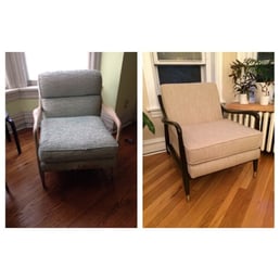 Before & after of our beautifully reupholstered chairs (we have 2). Before & after of our beautifully reupholstered chairs (we have 2).