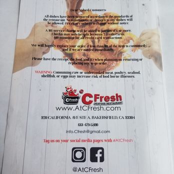 At C Fresh - Back of menu - Seafood Near Me - Bakersfield, California