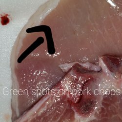 Redner's Markets - Chops have green spots & smell spoiled. Purchased 06-11-23 for tonight's dinner. Quality is down, but prices are up.