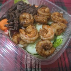 Taco Hut - Garden salad with shrimp and steak. The protein in this salad is a go to for me, but the salad itself just felt like shredded lettuce.
